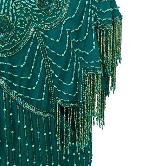 Nagpal vintage green beaded silk dress size medium 80s prom formal flapper gown - Picture 3 of 12